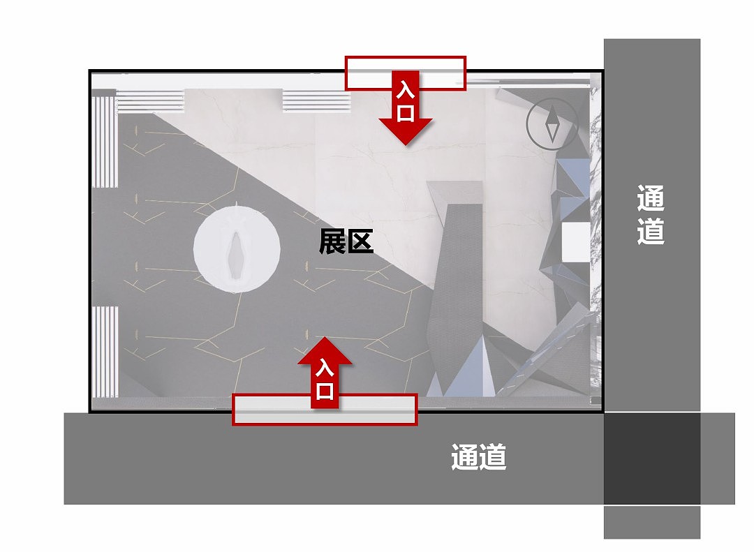 // 一动一静相互矛盾
<br>这个空间是个9米*6米的长方形空间,南面及东面是商场的通道,其中南面更是引流客源的主通道,北向则通往委托人代理的另外一个岩板品牌。<br><br>特殊的位置决定了它既要具备吸引客流的橱窗展示功能,又要具备商务洽谈的会客功能,一动一静相互矛盾。<br><br>// 空间与品牌吊调性相互矛盾<br><br>过于方正的呆板空间与兰博基尼高端个性的品牌调性相互矛盾。