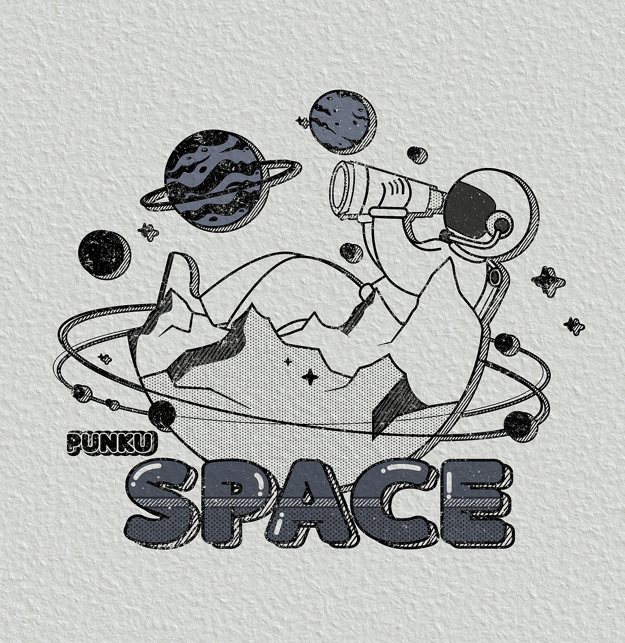 原创扁平风半调复古线条星辰宇宙宇航员卡通壁纸插画