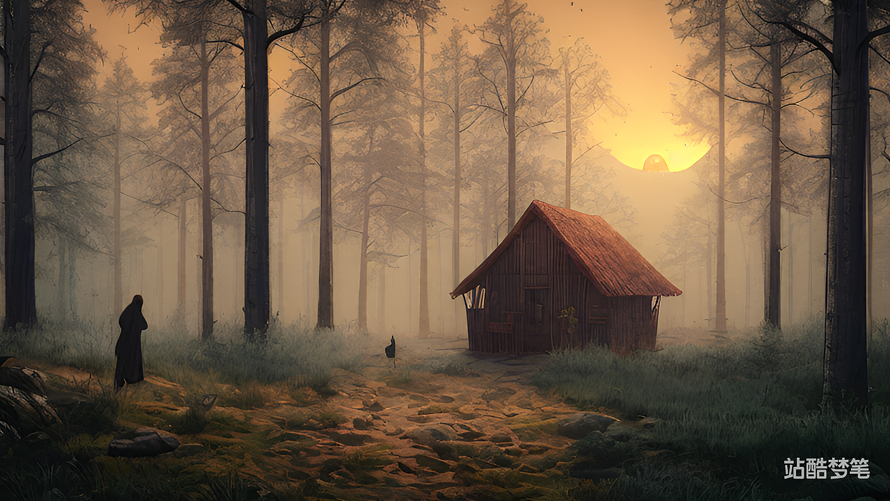 #站酷梦笔#丁达尔,夕阳,林中小屋,