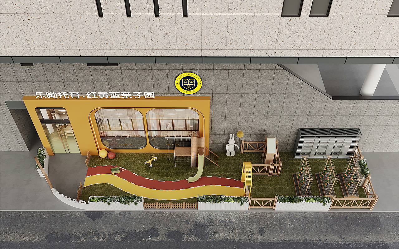 ▾若比邻店室内门头
<br>室内门头采用清爽干净的黄白撞色,以柔和且具有造型感的线条来分割,给人活力的视觉感。外侧利用绿植建立起围栏,将空间与视线聚拢,以明确的区域划分来保证空间的秩序性。