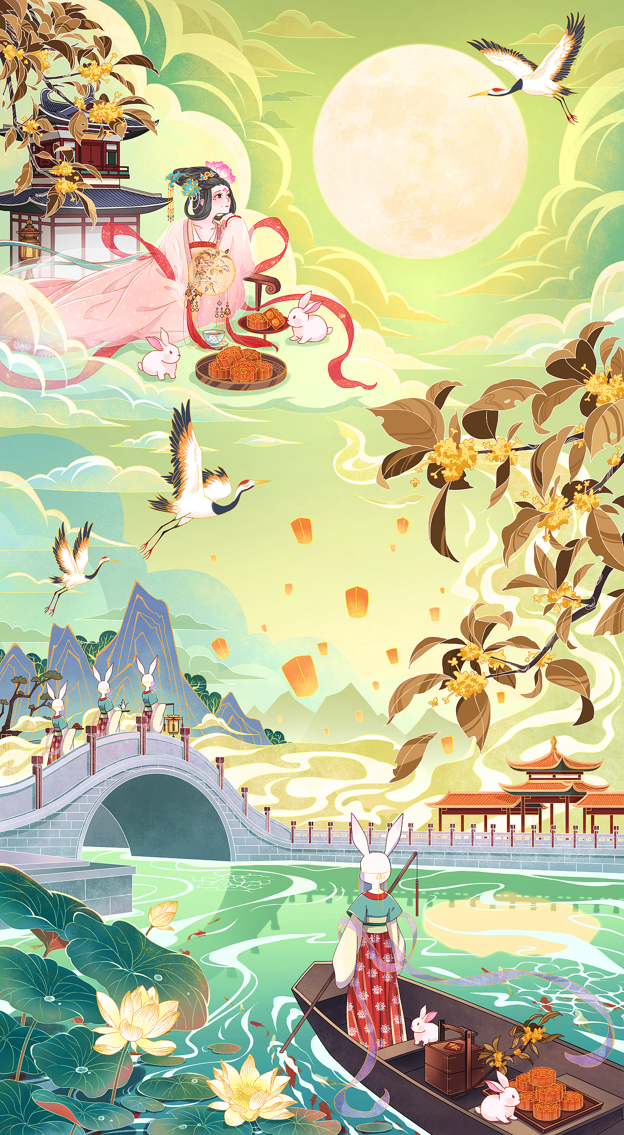 画面人物以嫦娥与仕女兔为主,还有亭台楼阁,桂花,孔明灯,仙鹤等中秋
