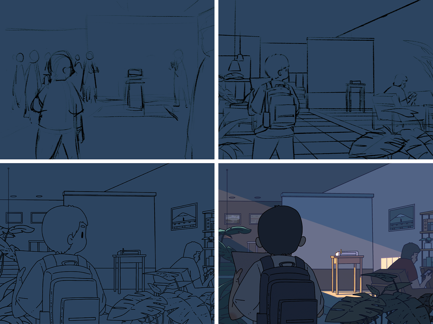 画面一:男孩望向投影仪