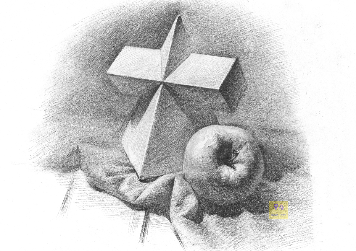 石膏几何体与苹果素描绘画