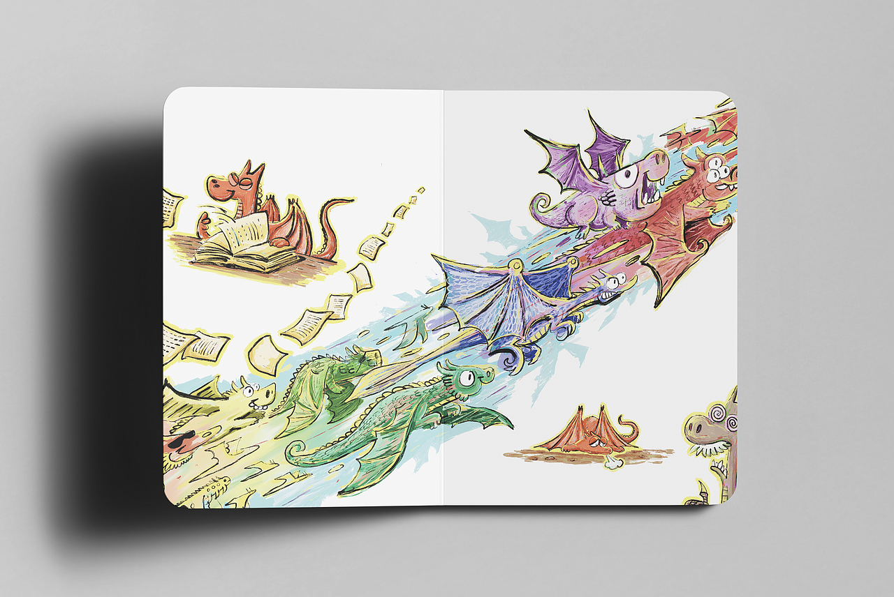 桥梁书《读书太快的喷火龙》与《世界上最大的书》插画