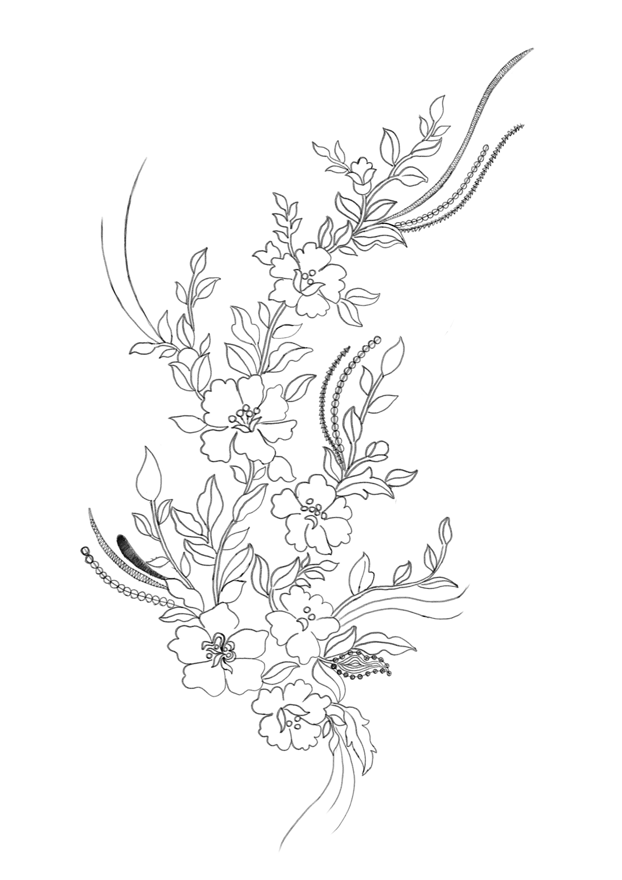 花朵线型白描图服装高定蕾丝礼服图案设计