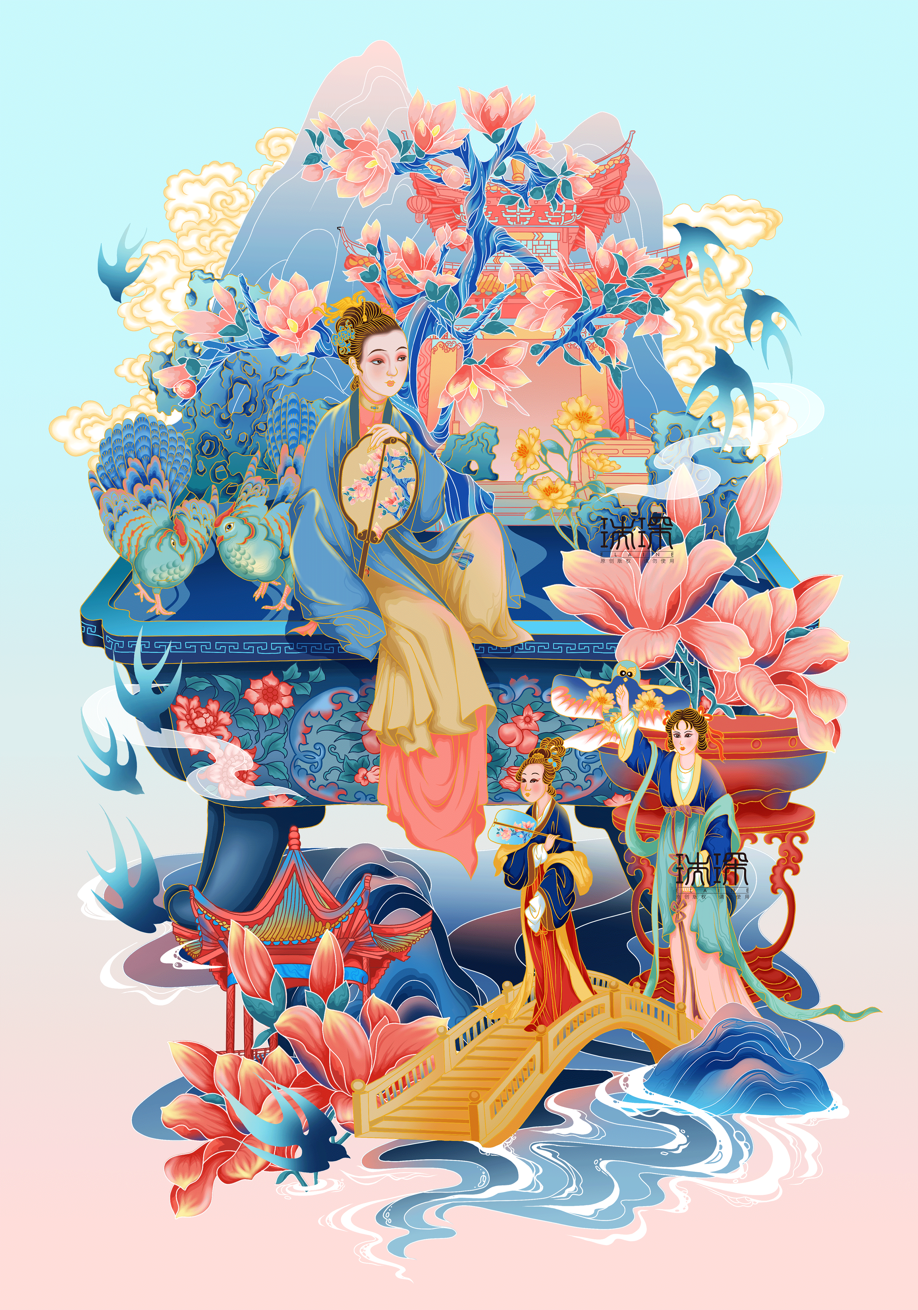 故宫宝石盆景仕女图 | 国潮商业插画