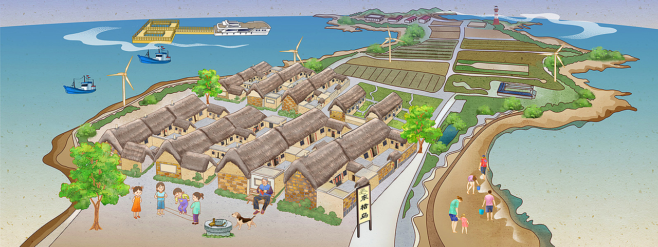 国风插画城市风景：威海荣成文创石岛旅游景点风景画（图ZMzI1Njc3MDEy） - 商业插画 - 站酷设计师丹尼思原创素材 - 站酷ZCOOL