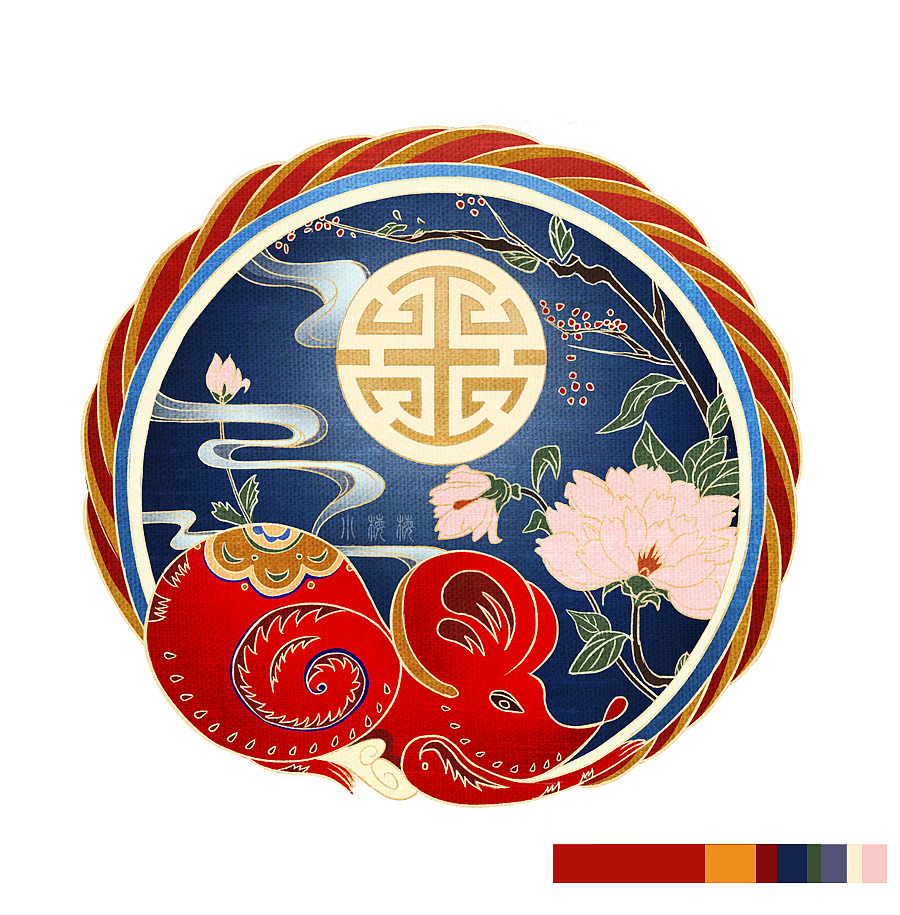 月亮以福字示意,代表"福禄";采用祥云,牡丹,如意纹等中国吉祥纹样,此