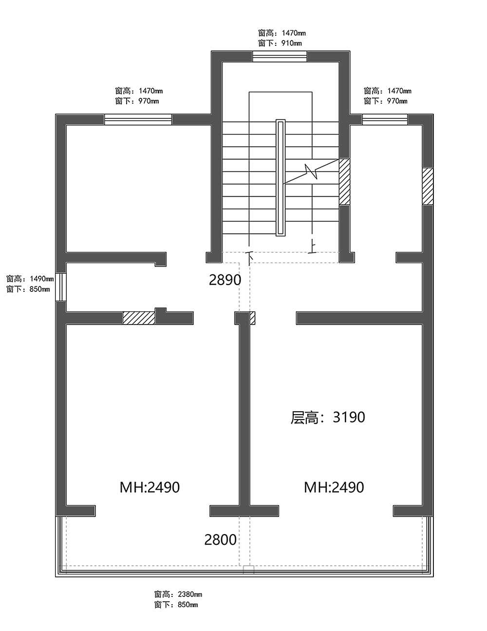 二楼原始户型图 二楼上来直接对着两个卧室的门，而且过道比较窄而狭长，空间利用率不高。