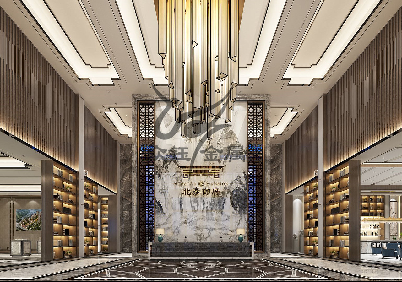 房地产售楼部景观凉亭不锈钢仿铜廊架格栅背景墙厂家