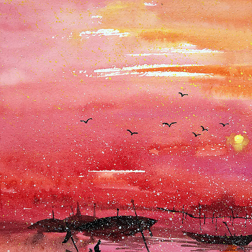 红日原创水彩画