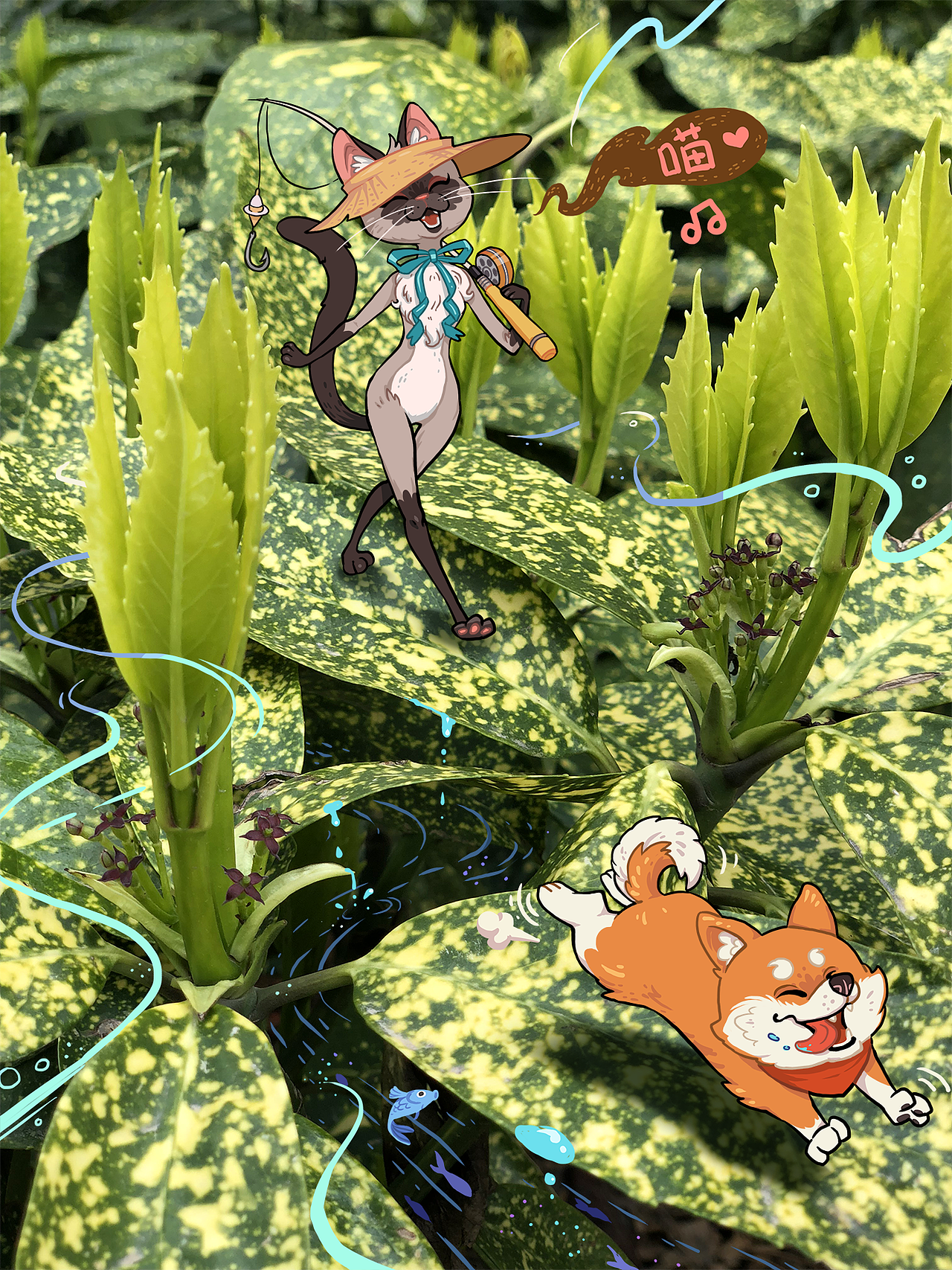 钓鱼高手蜜蜜和她的柴犬狐狸霸 ,在一条小溪边欢快的享受春日时光。