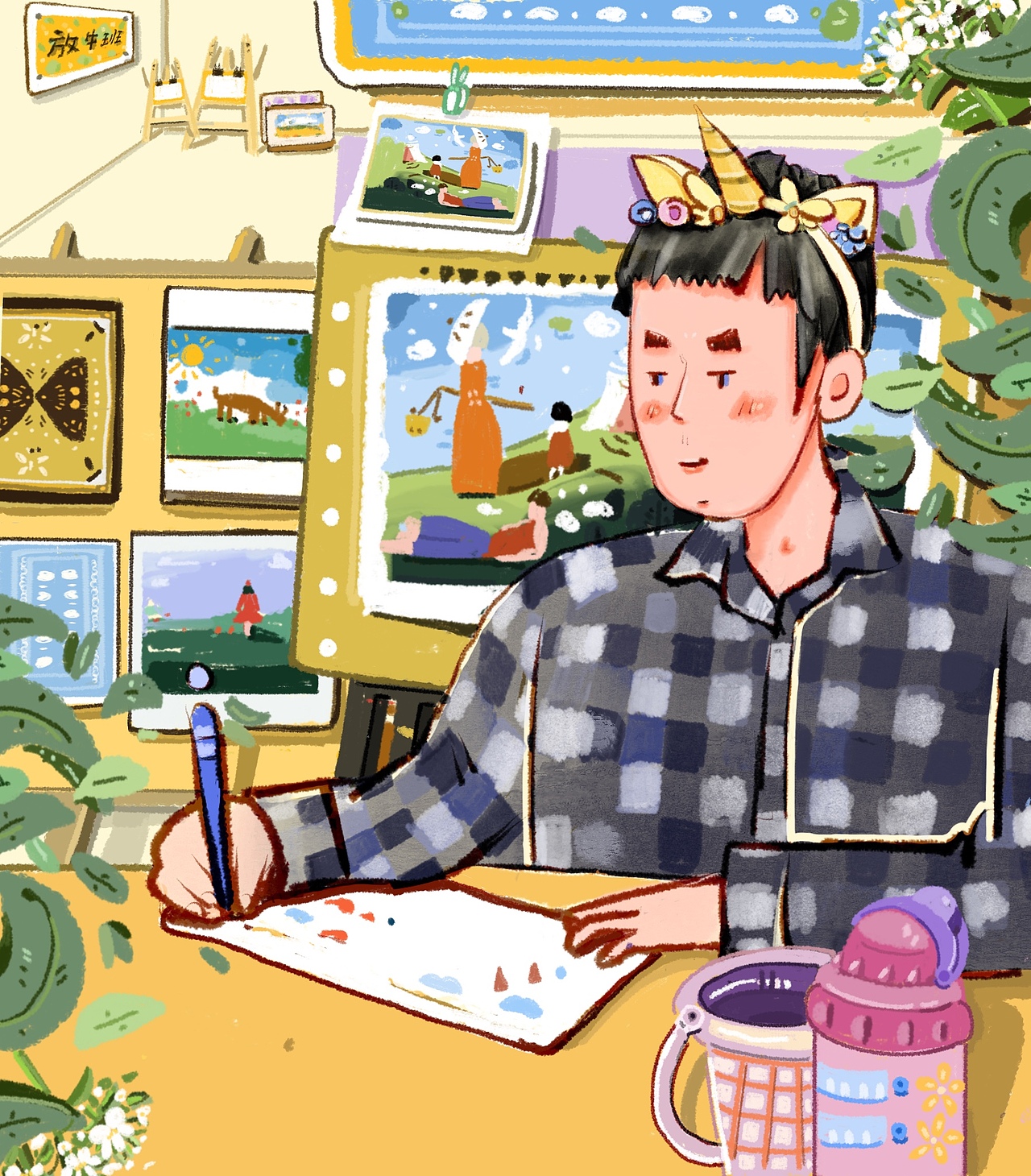 认真画画的小男孩