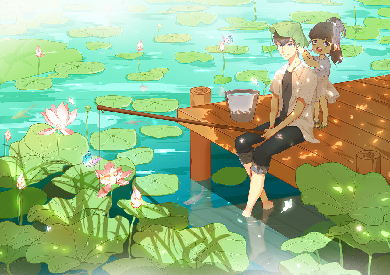 夏日钓虾插画