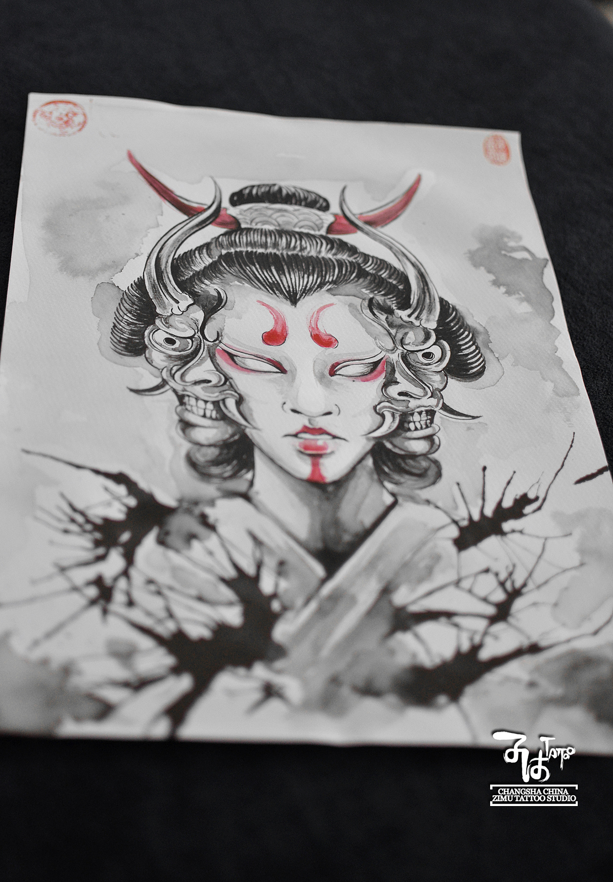 长沙子沐刺青纹身毛笔水墨中国风手稿艺伎般若泼墨三面