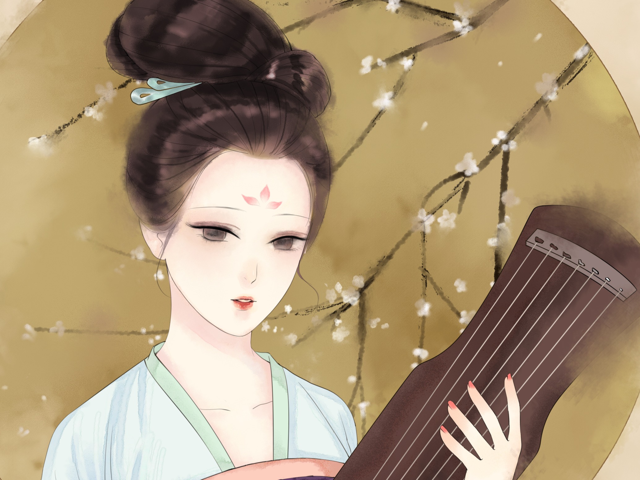 古风水彩节气小雪古代生活冬季女子弹琴插画图片-千库网