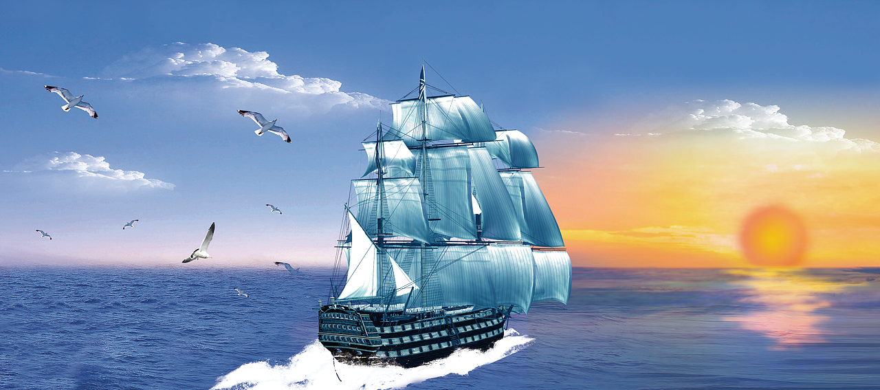 碧海蓝天,有海鸥,木船,船 东方太阳刚出并海水有影,红大阳.