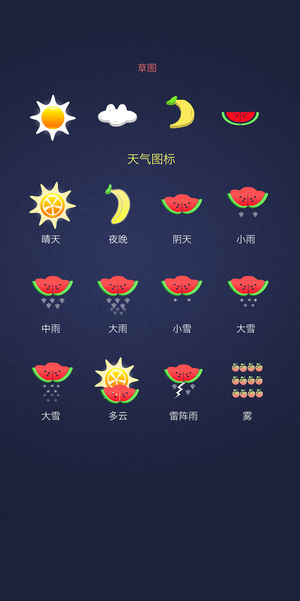 凉凉夏天个性创意水果天气图标  橙子太阳 香蕉月亮 西瓜云 葡萄雨