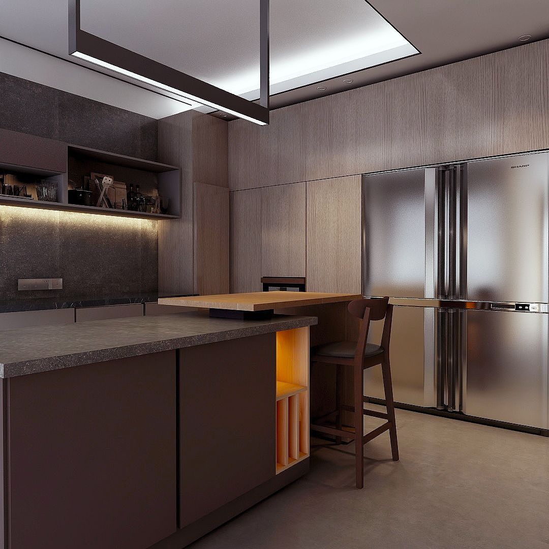 左手边的开放式厨房与客餐厅材质基本一致,形成左右互相协调效果。