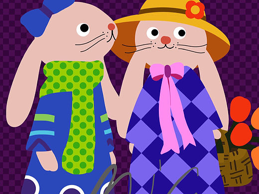 原创垂耳兔插画兔子姐妹穿裙子的兔子印花图案设计