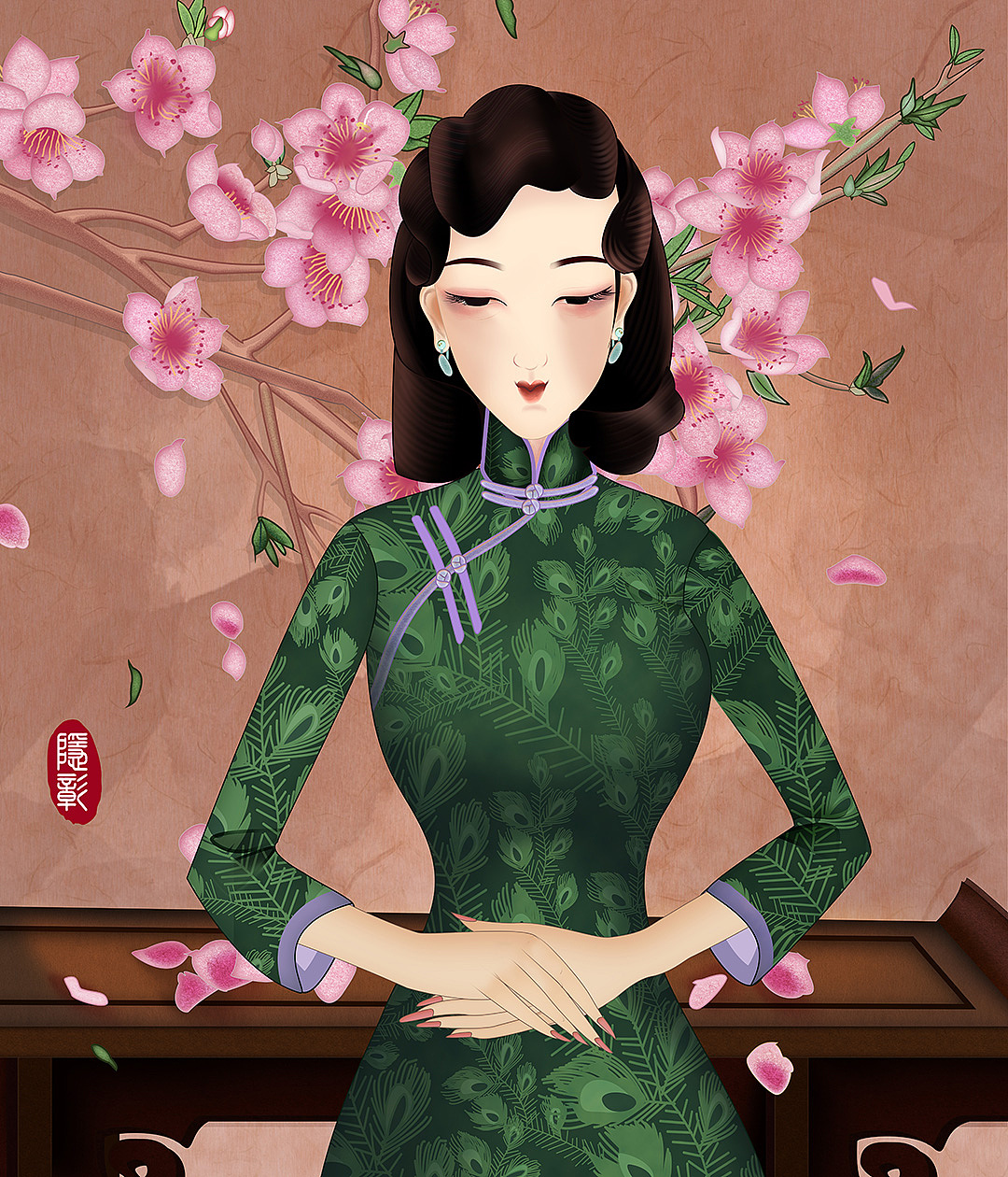 旗袍之美《持伞海棠花美人》