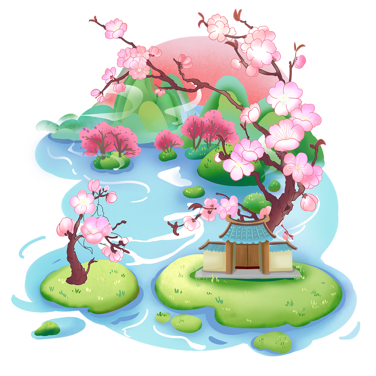 春季山水桃花（圖ZMjQ5OTk5NTg0） - 商業(yè)插畫 - 站酷設(shè)計師媛媛嬸兒驥原創(chuàng)素材 - 站酷ZCOOL