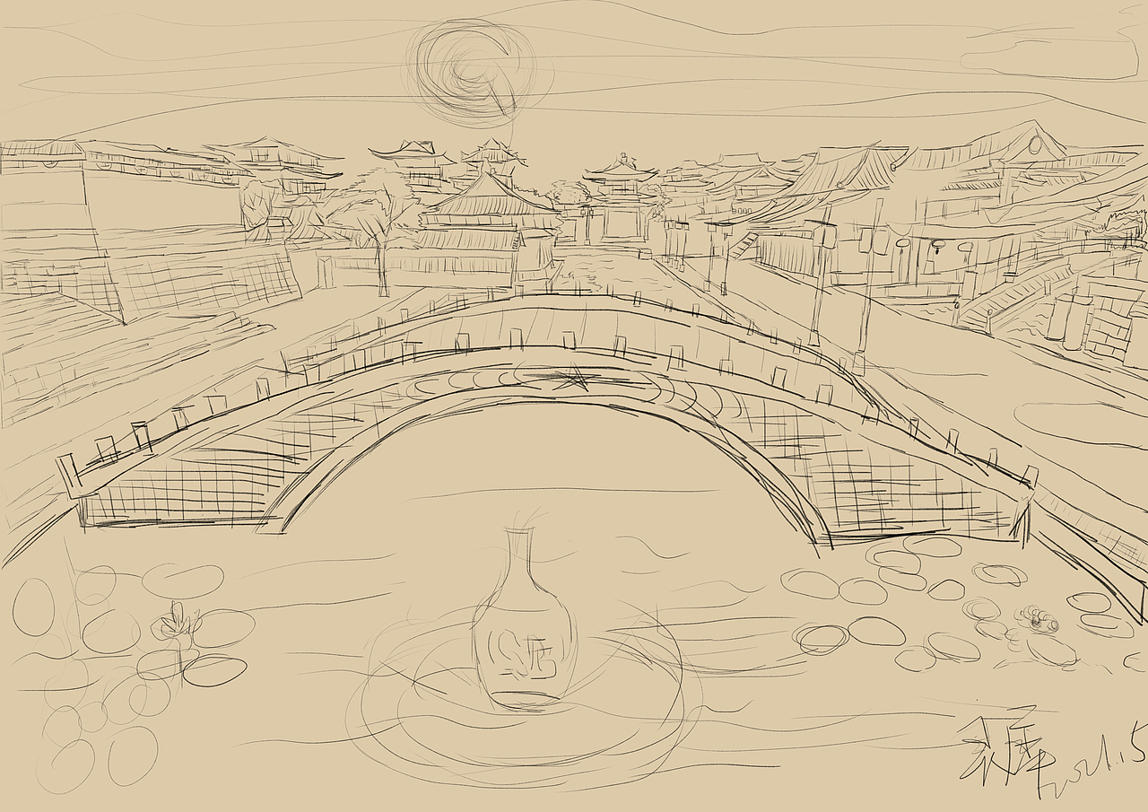 码头石拱桥线稿