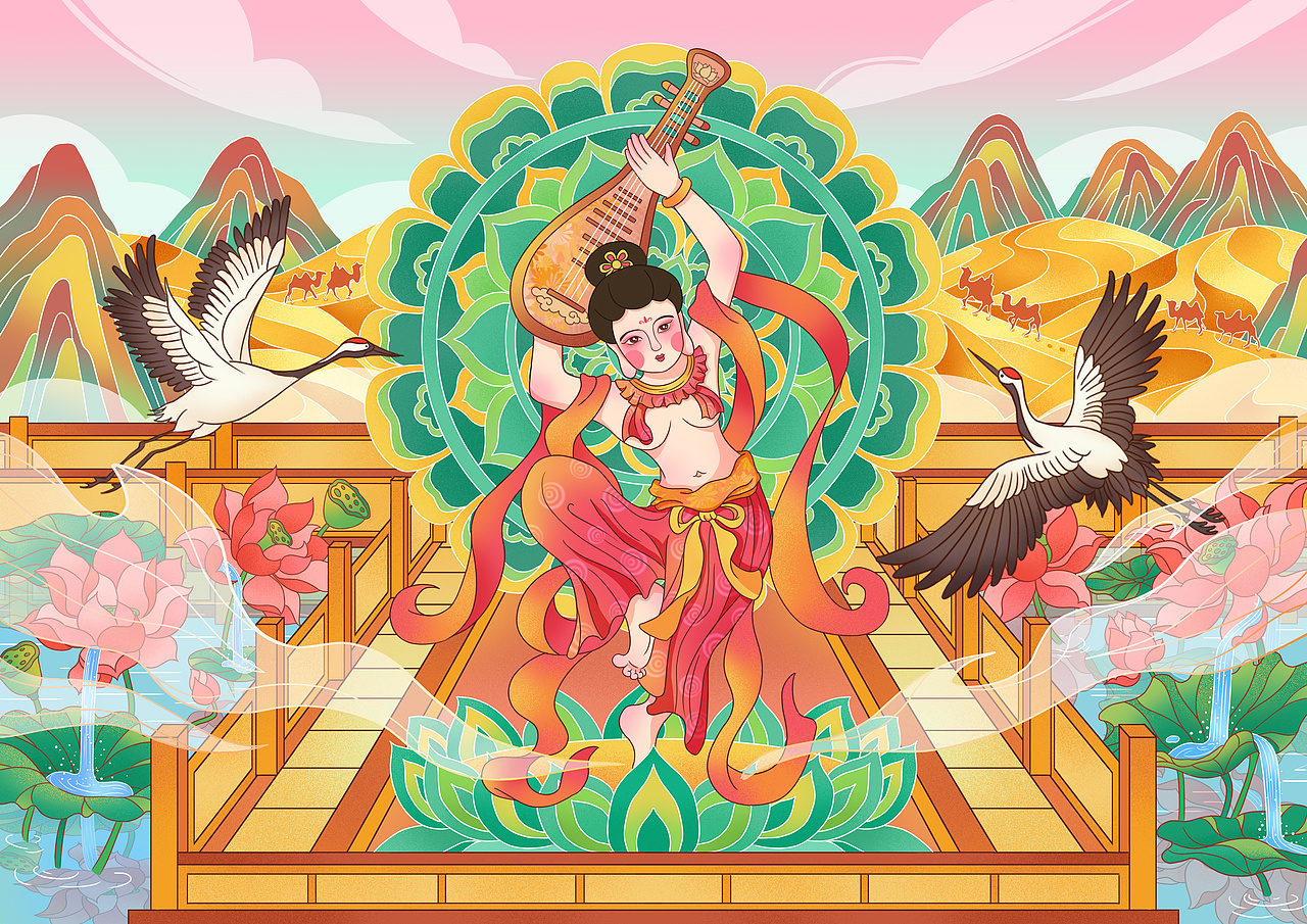 敦煌风文创插画｜青玉反弹琵琶（图ZMjgzOTc1NzIw） - 商业插画 - 站酷设计师筱梨子原创素材 - 站酷ZCOOL