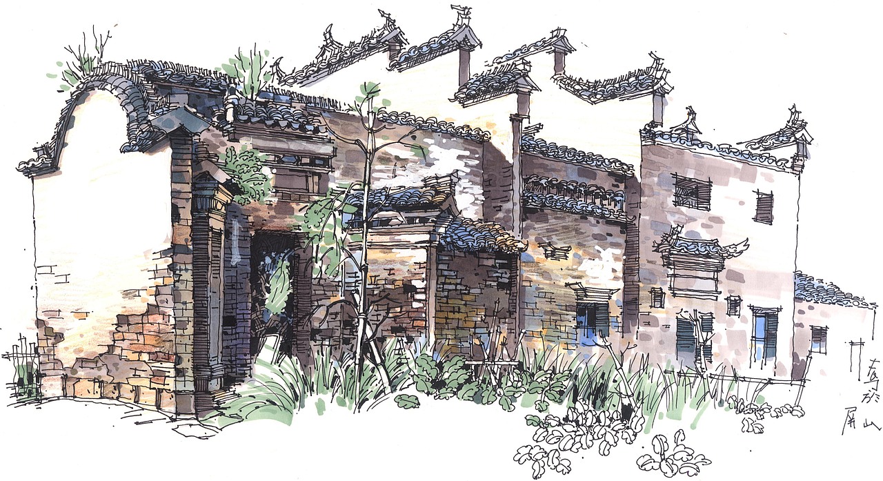 手绘古徽州中国画里的世外桃源