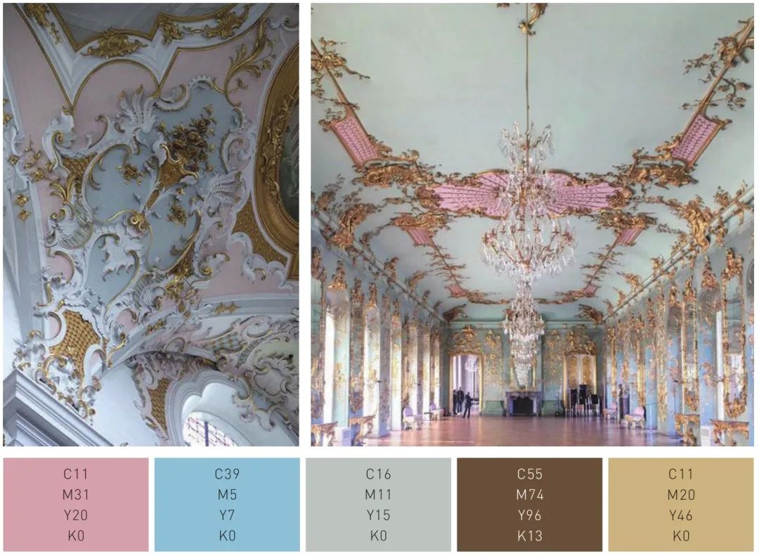 洛可可风格色彩印象 下图所示为洛可可风格的室内建筑,金色与粉色的