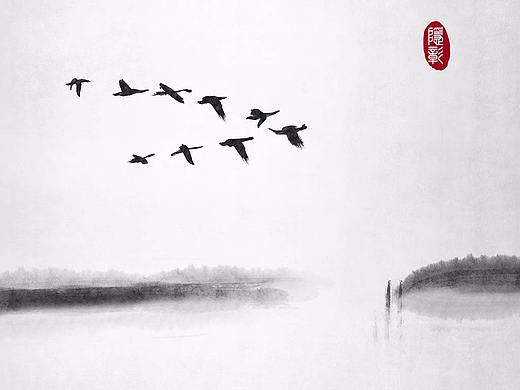 飞鸟静谧山水古风禅意水墨画安静中式中国风古风插画