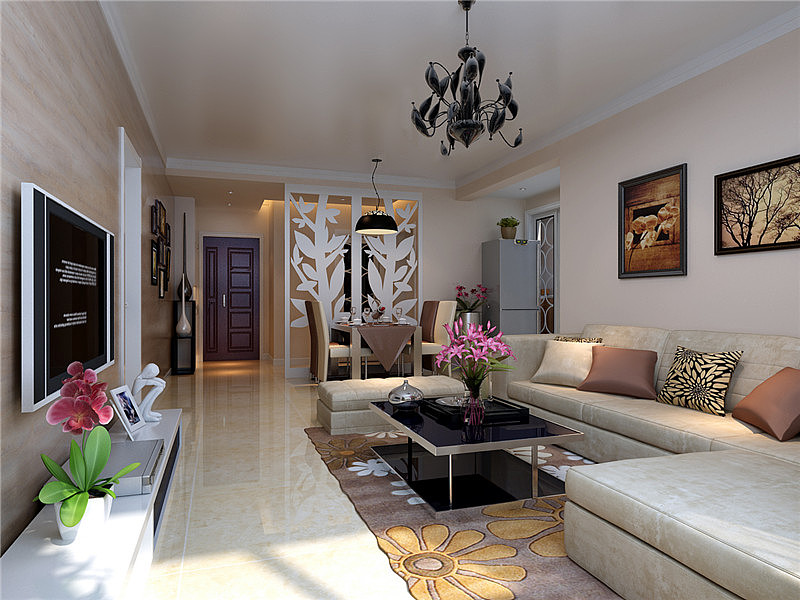 客厅整体空间以暖色调为主,墙面浅咖色漆,L型布艺沙发配上现代不锈钢玻璃茶几,再加上黑色吊灯,三点一线的既视感。