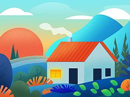 AI噪点插画夜晚乡村风景