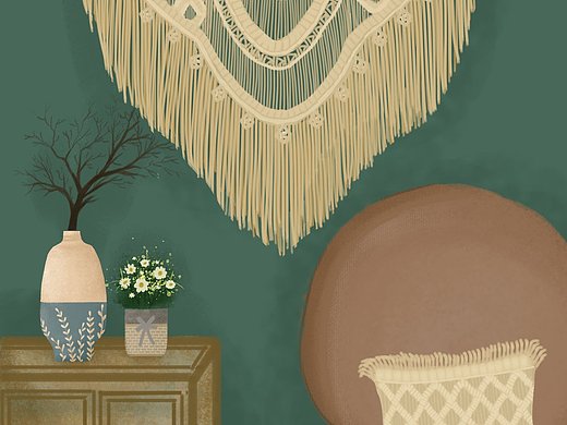 用编织挂毯装饰的家居插画图