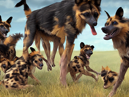 #AI创作实验室#五只野狗在吃小孩（个人主页-ZNjIyOTU1NTI=） - AI作品 - 站酷设计师安之森UnAmico原创素材 - 站酷ZCOOL