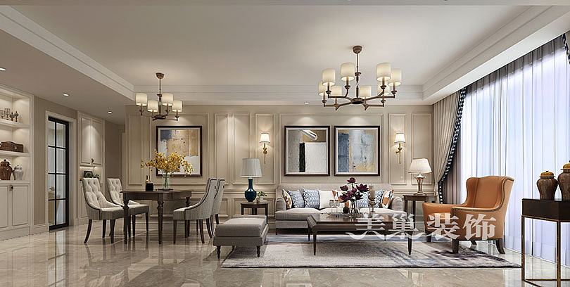 正弘澜庭叙装修效果图110平三室两厅美式乡村风格设计案例---沙发背景墙