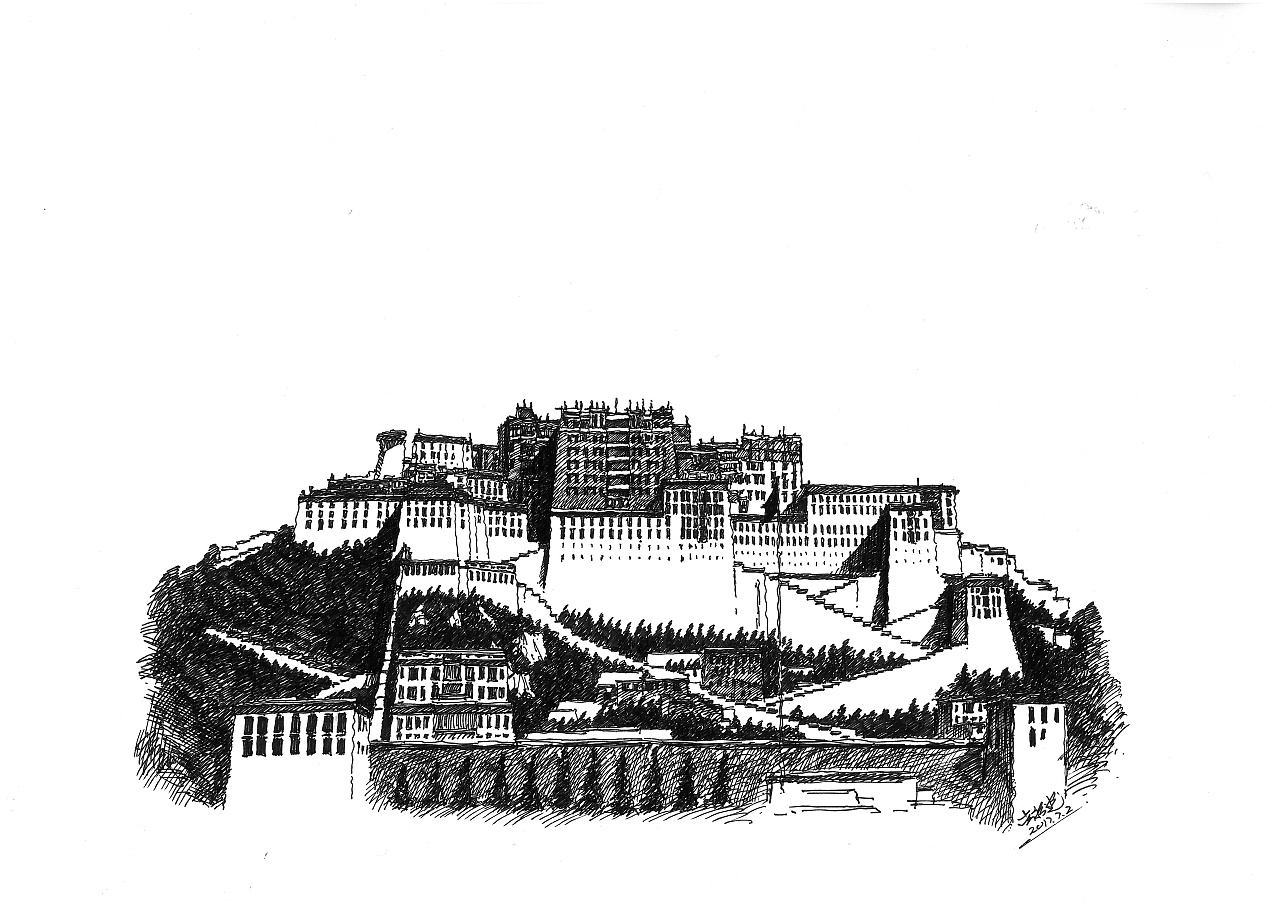 布达拉宫立面图手绘图片