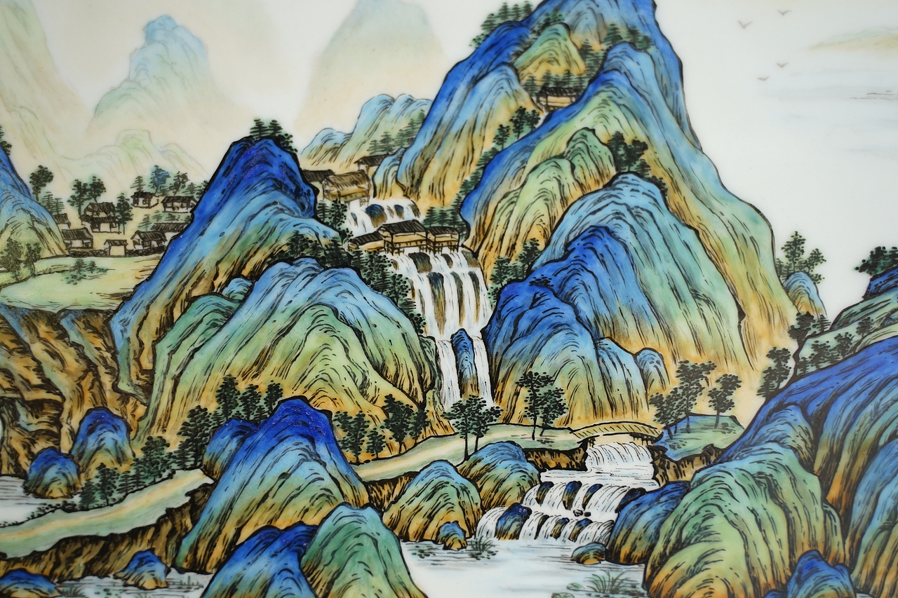 《千里江山图》琴棋书画标签陶瓷手工艺山水画国画瓷板画作品信息创作