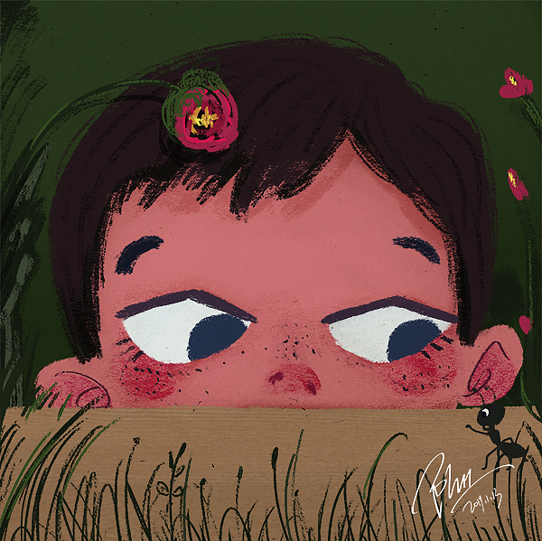 第一张《无聊看蚂蚁》
<br>没前期构思,当时比较无聊<br>然后就接着前面临摹的风格<br>去尝试着画,斜着眼偷窥蚂蚁<br>