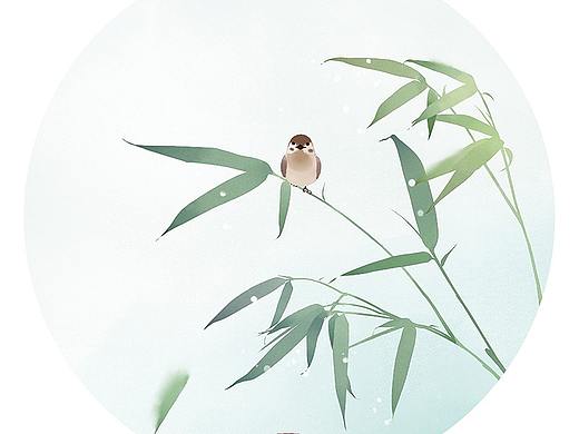 古风水彩插画——竹子麻雀