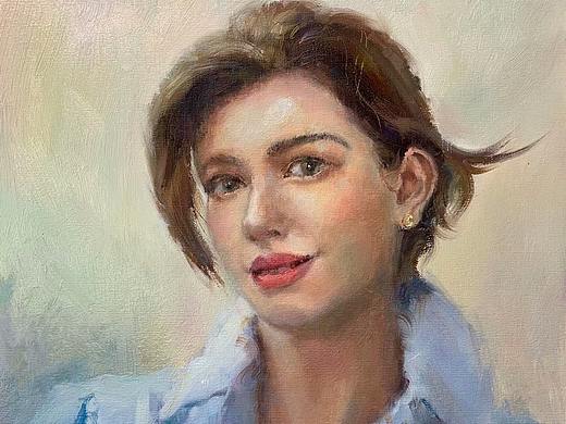 夏宇航纸板油画《蓝色衬衣的女孩》