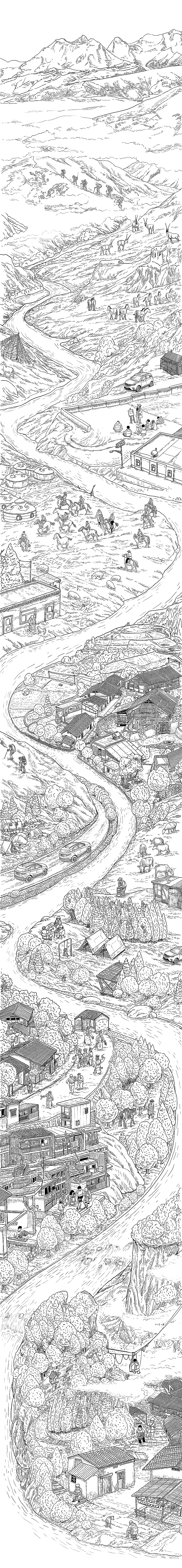 手绘长图 共饮一江水（图ZMTg1MjM2Mjg4） - 商业插画 - 站酷设计师草木虫原创素材 - 站酷ZCOOL