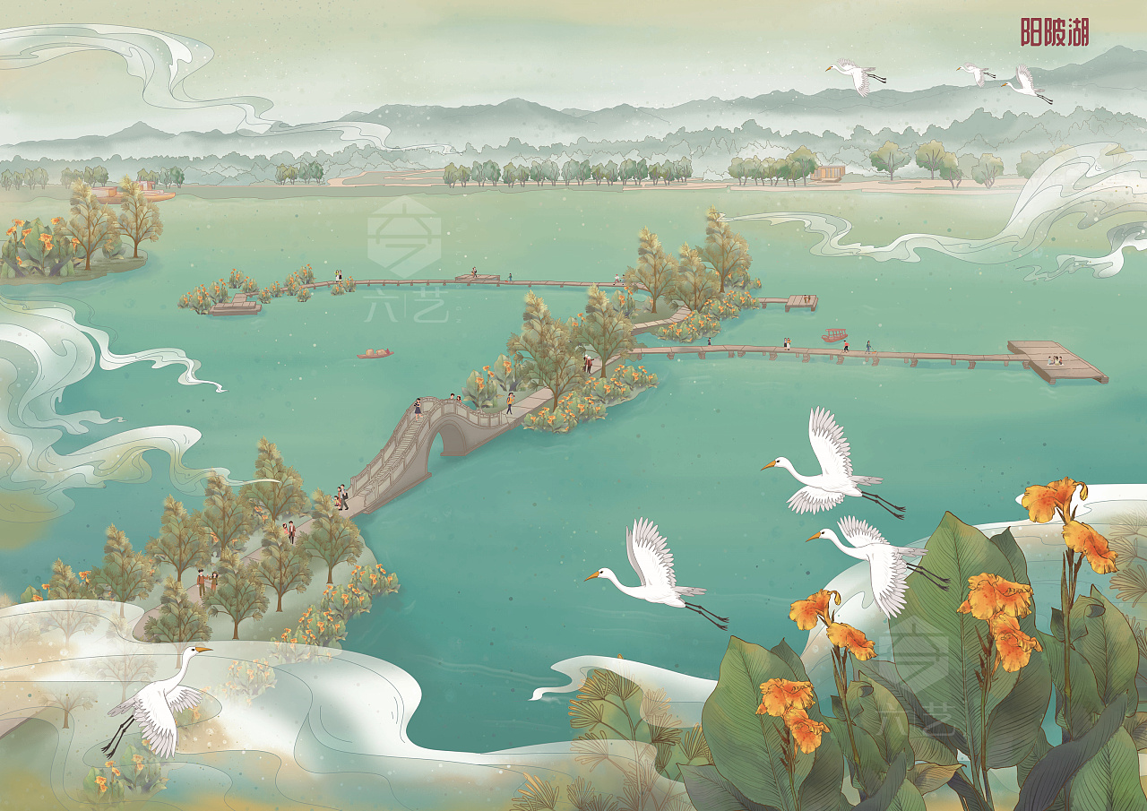 中国风古代湖泊园艺公园景观景区手绘插画地图导览图