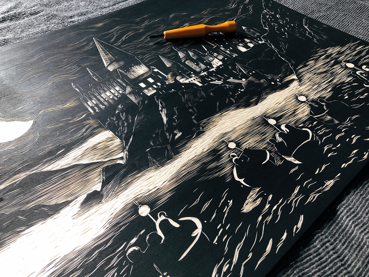 手工雕刻哈利波特霍格沃茨黑白木板画