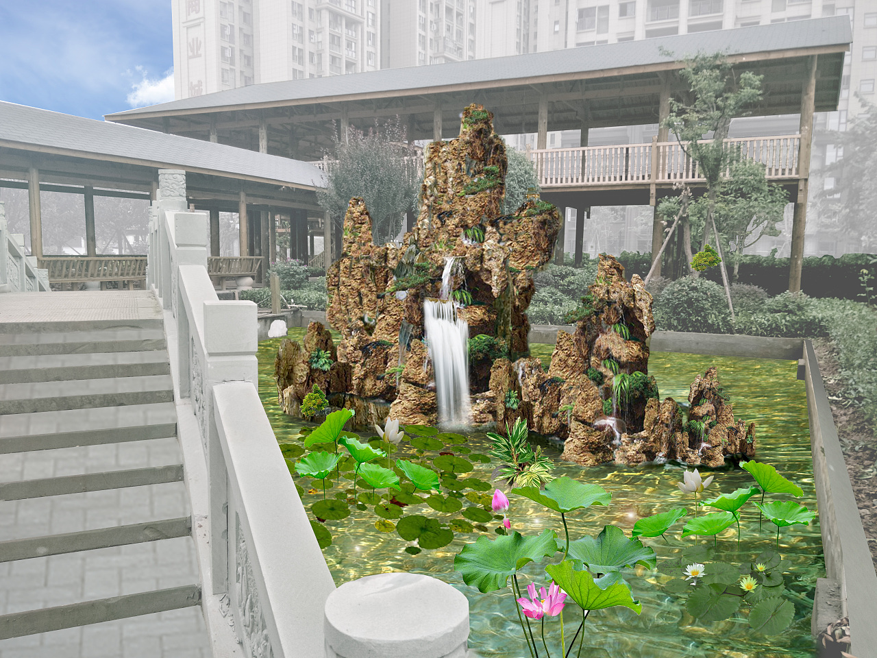 中式假山流水自然式花园庭院_溪山庭景观园林设计