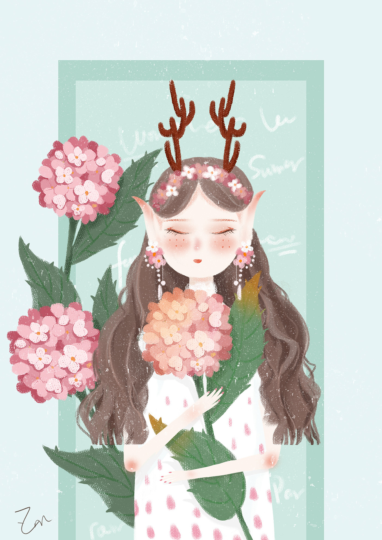 手绘插画风肌理女生女孩花