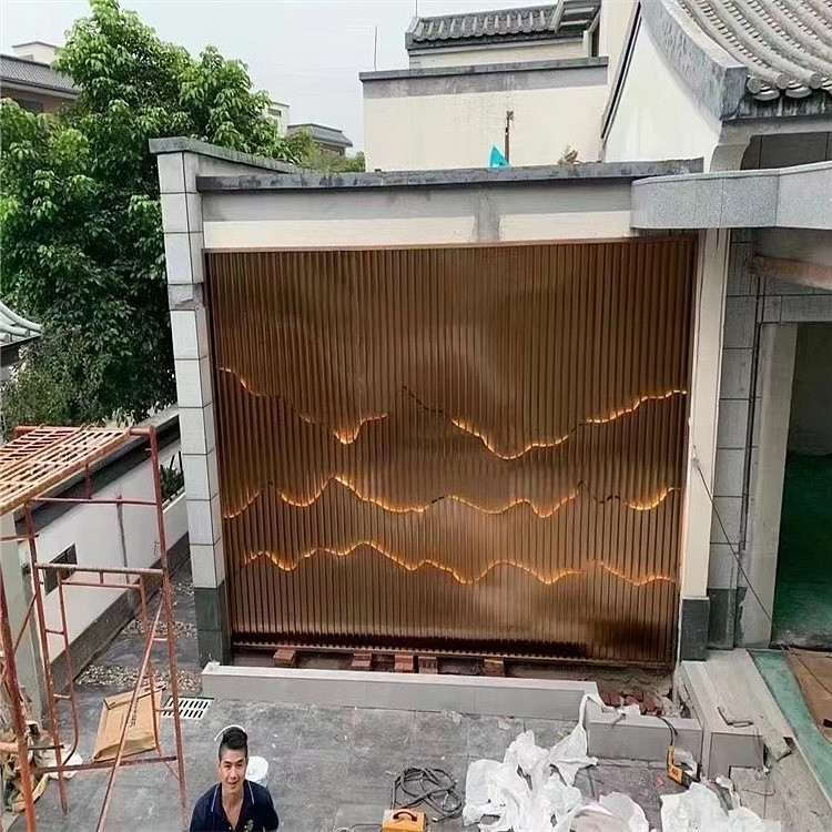 酒店仿古铜不锈钢山峦屏风背景墙