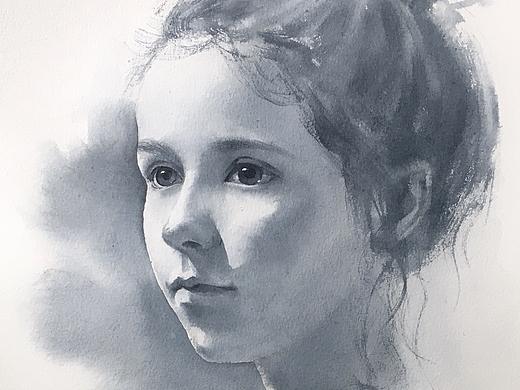 单色水彩-少女半侧脸，附过程图