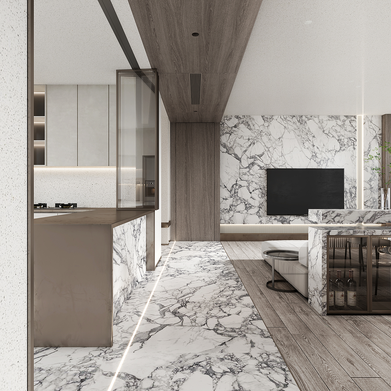 客厅主背景用大理石打造，通过分割，拉槽与灯光结合，彰显其区域视觉性。矮式酒柜与餐桌结合的形式，给操作提供便利性，同时提升了餐厅功能区的使用价值，橱柜与吧台的结合，所有的设计让每个空间都具有一定的交流性