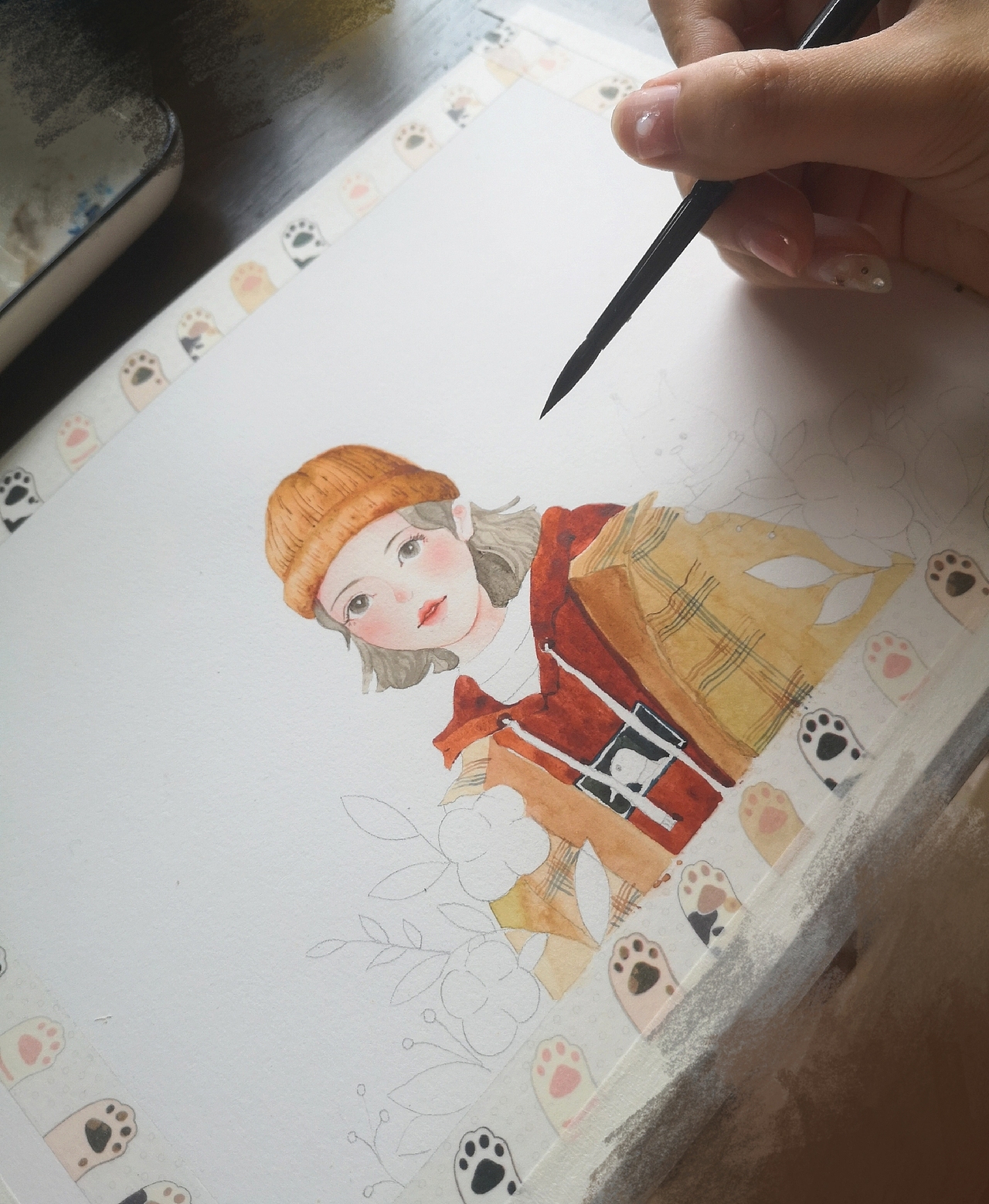 复古水彩少女插画